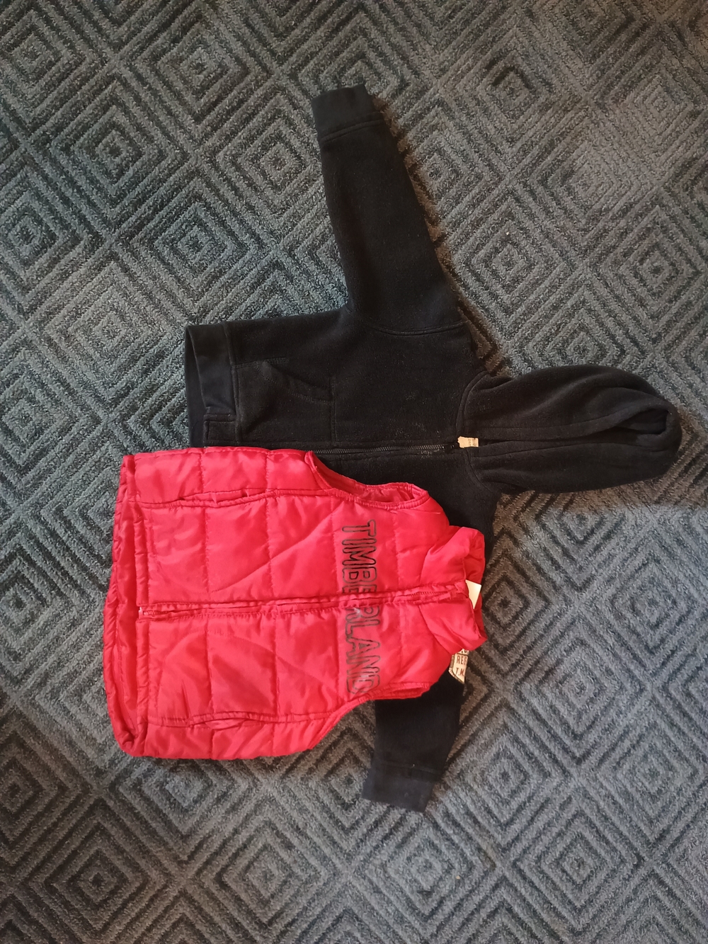 Kids Red Puffer Vest with Black Hoodie Layered Look